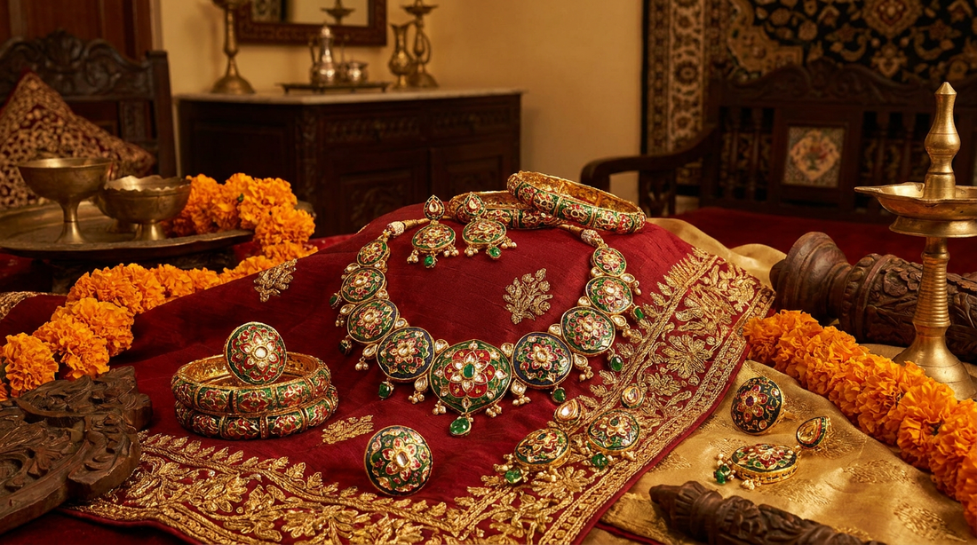 Traditional Indian Meenakari jewelry with colorful enamel detailing displayed in a luxury editorial setup