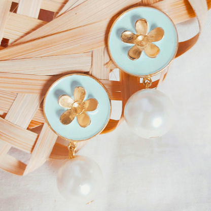Sky-Blue-Pearl-Bloom-Meena-Drop Earrings