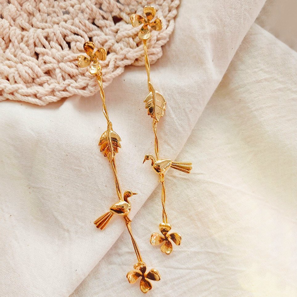 Gold-Plated-Bloom & Bird-Long-Danglers