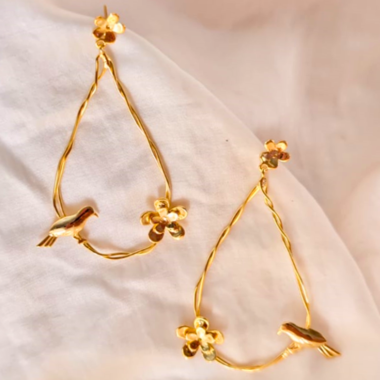 Gold-Plated-Flower & Bird-Earrings