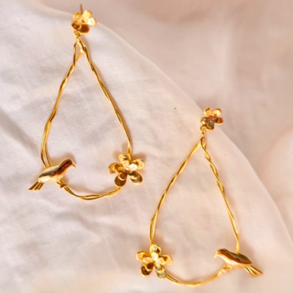 Gold-Plated-Flower & Bird-Earrings