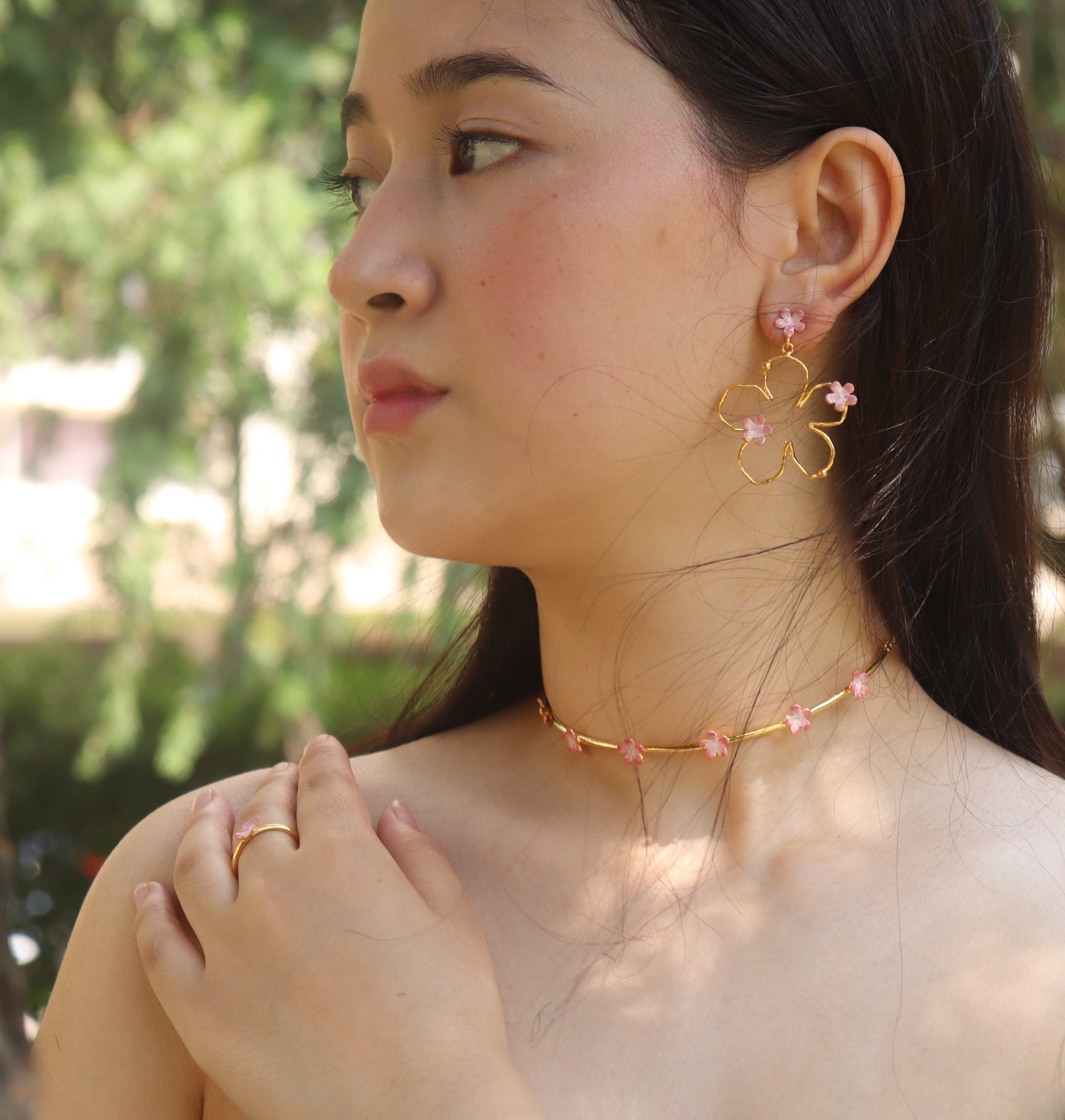 Brass pink floral earrings, choker and ring made with pink enamel and 18K rhodium gold plating