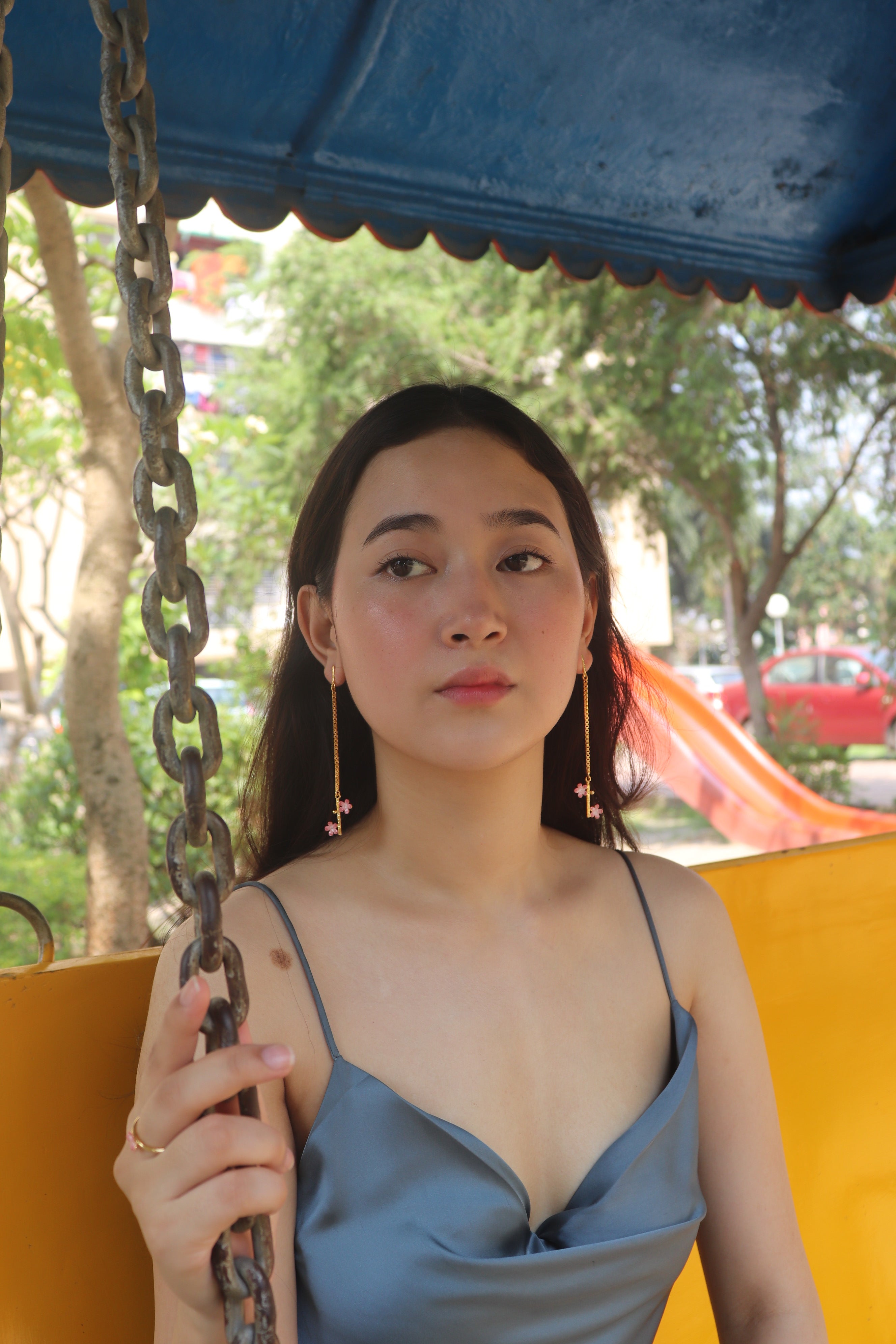 Brass pink flower chain dangler earrings and pink flower ring made with pink enamel and 18K rhodium gold plating