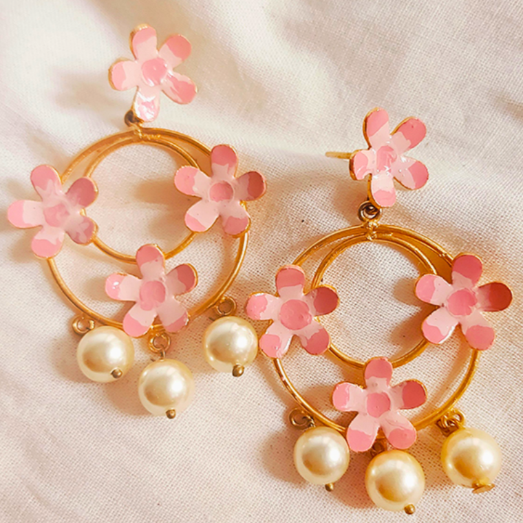 Pink-Enamel & Pearl-Dangler-Earrings