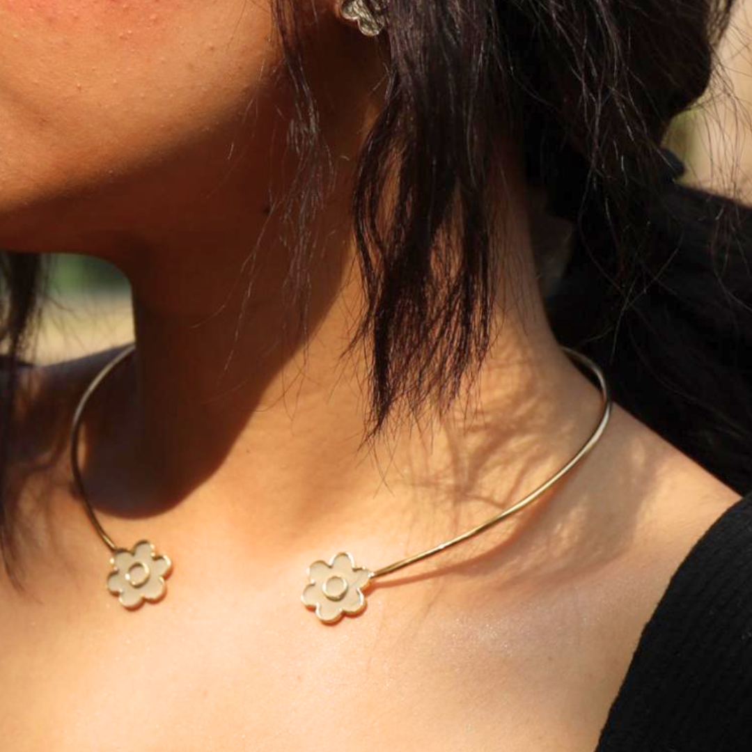 Handcrafted floral cement and brass torc necklace with 18K rhodium gold plating