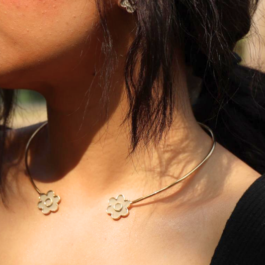 Handcrafted floral cement and brass torc necklace with 18K rhodium gold plating