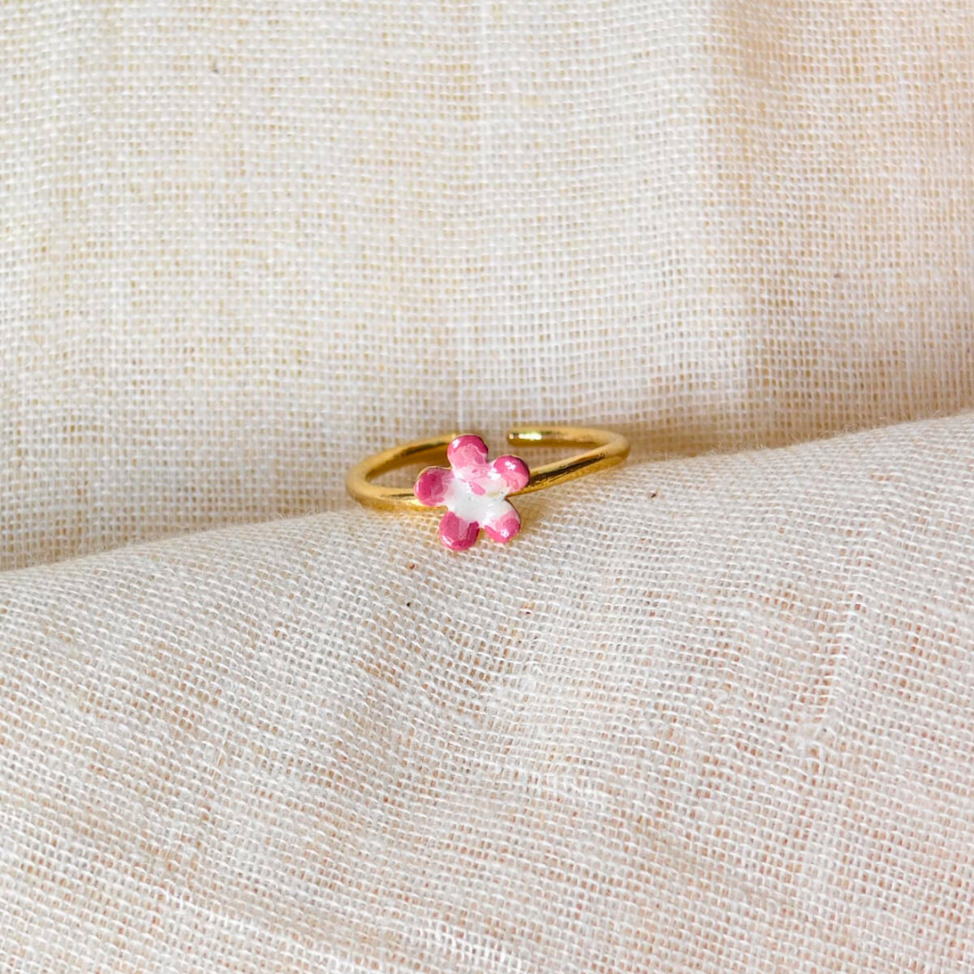 Brass pink flower ring with pink enamel and 18K rhodium gold plating