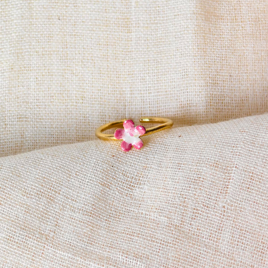 Brass pink flower ring with pink enamel and 18K rhodium gold plating