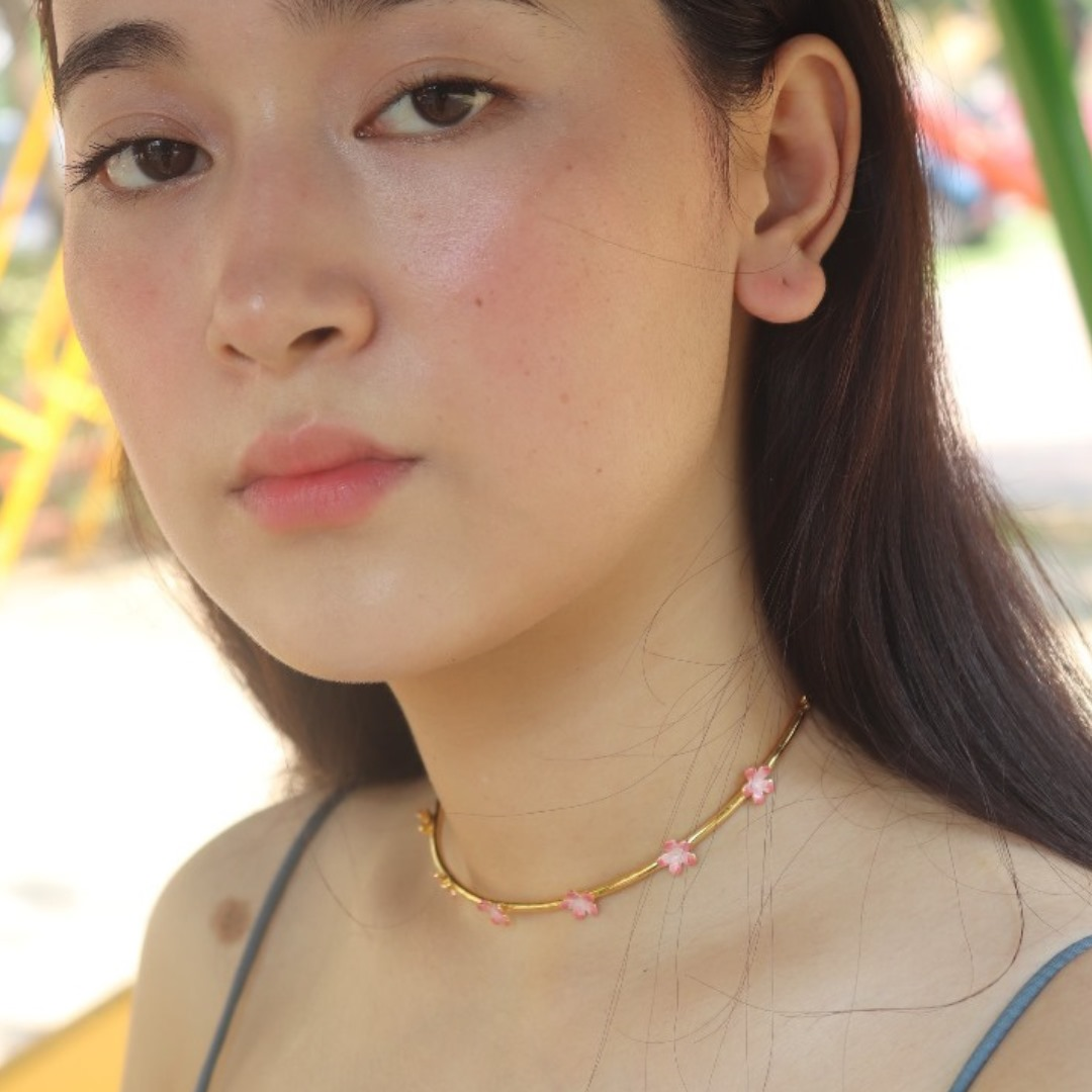 Brass pink flower choker with pink enamel and 18K rhodium gold plating