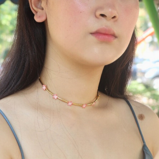 Brass pink flower choker with pink enamel and 18K rhodium gold plating
