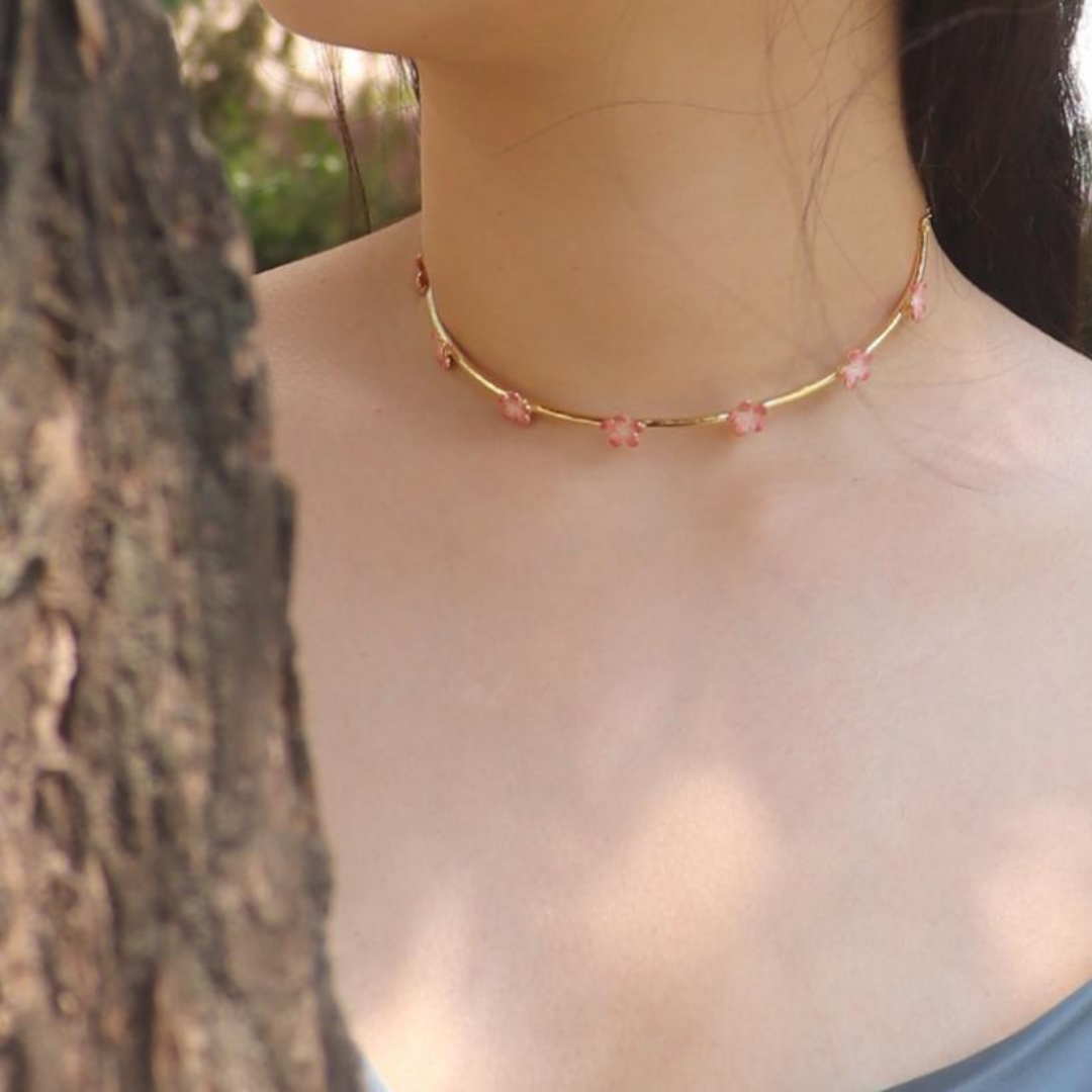 Brass pink flower choker with pink enamel and 18K rhodium gold plating