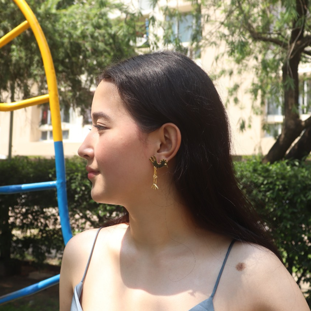 Brass bird earrings with 18K rhodium gold plating