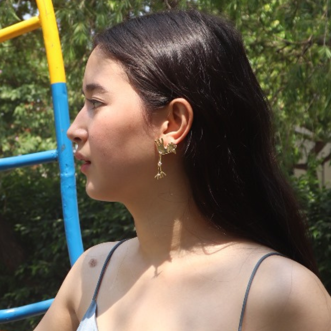Brass bird earrings with 18K rhodium gold plating