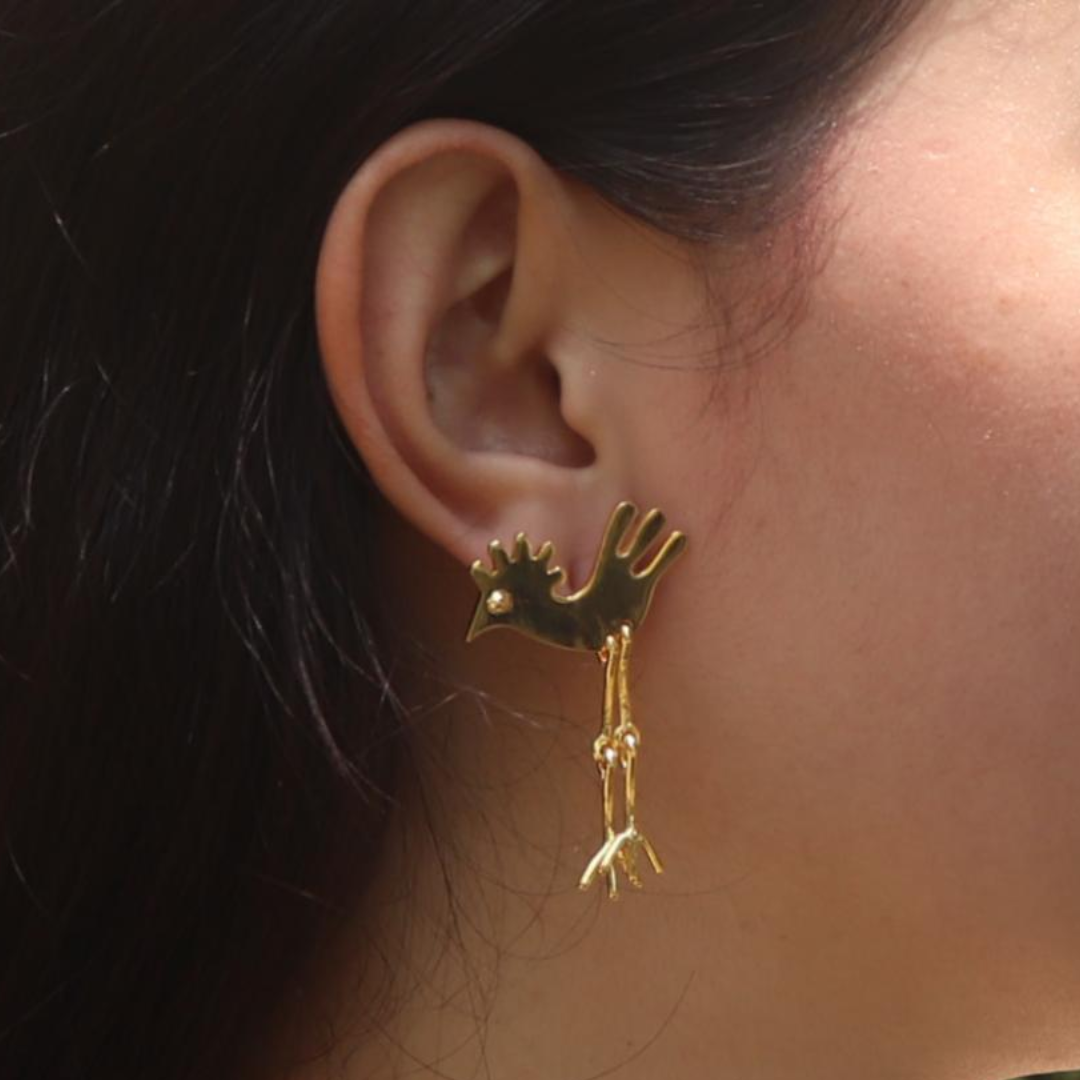 Brass bird earrings with 18K rhodium gold plating