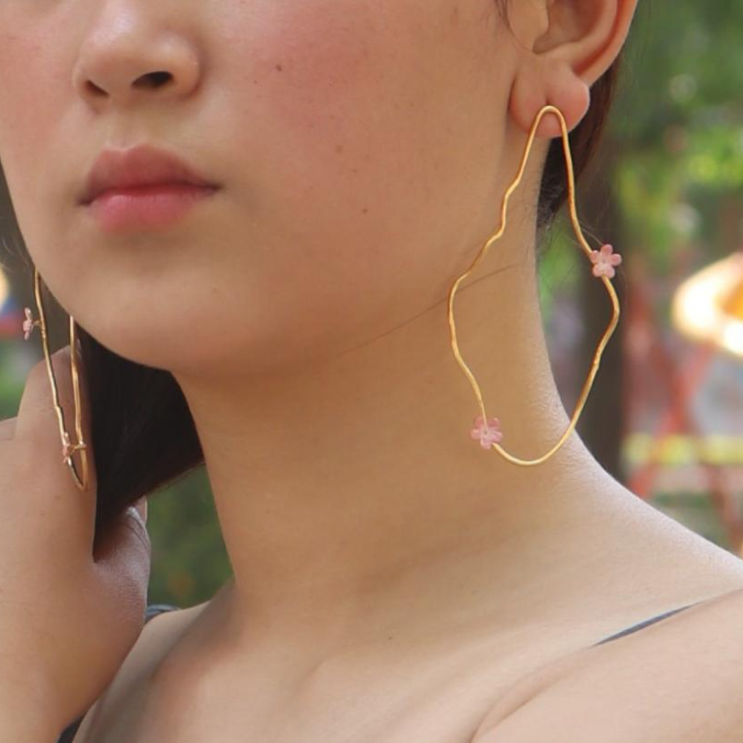 Brass pink petal earrings with pink enamel and 18K rhodium gold plating