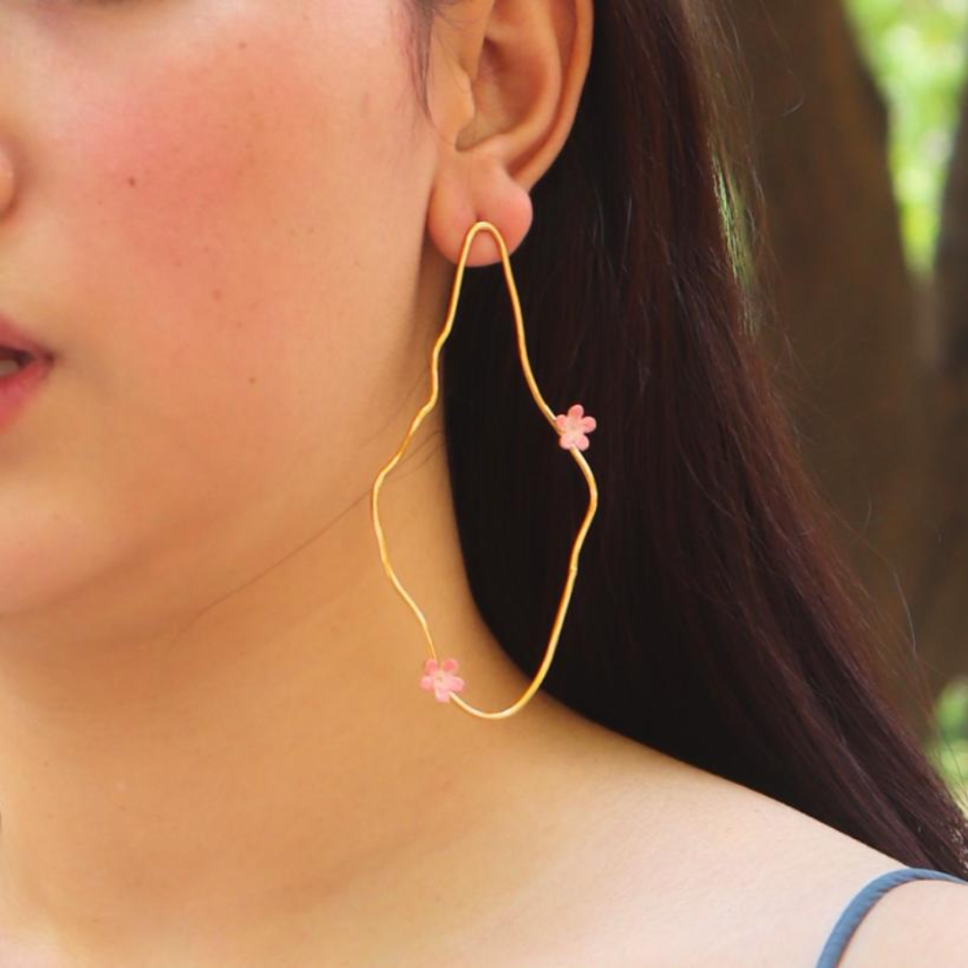 Brass pink petal earrings with pink enamel and 18K rhodium gold plating