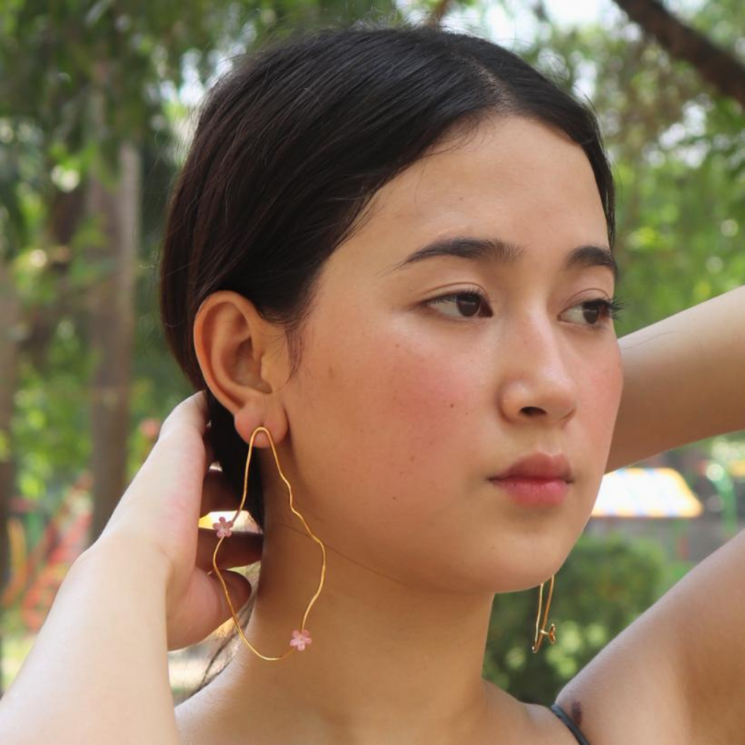 Brass pink petal earrings with pink enamel and 18K rhodium gold plating
