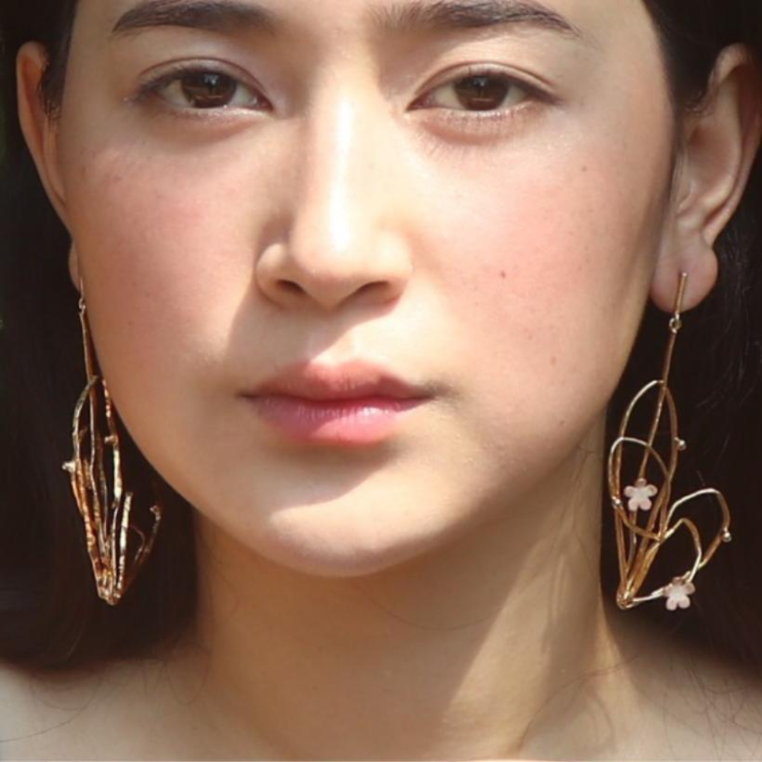Brass layered petal pink dangler earrings with pink enamel and 18K rhodium gold plating