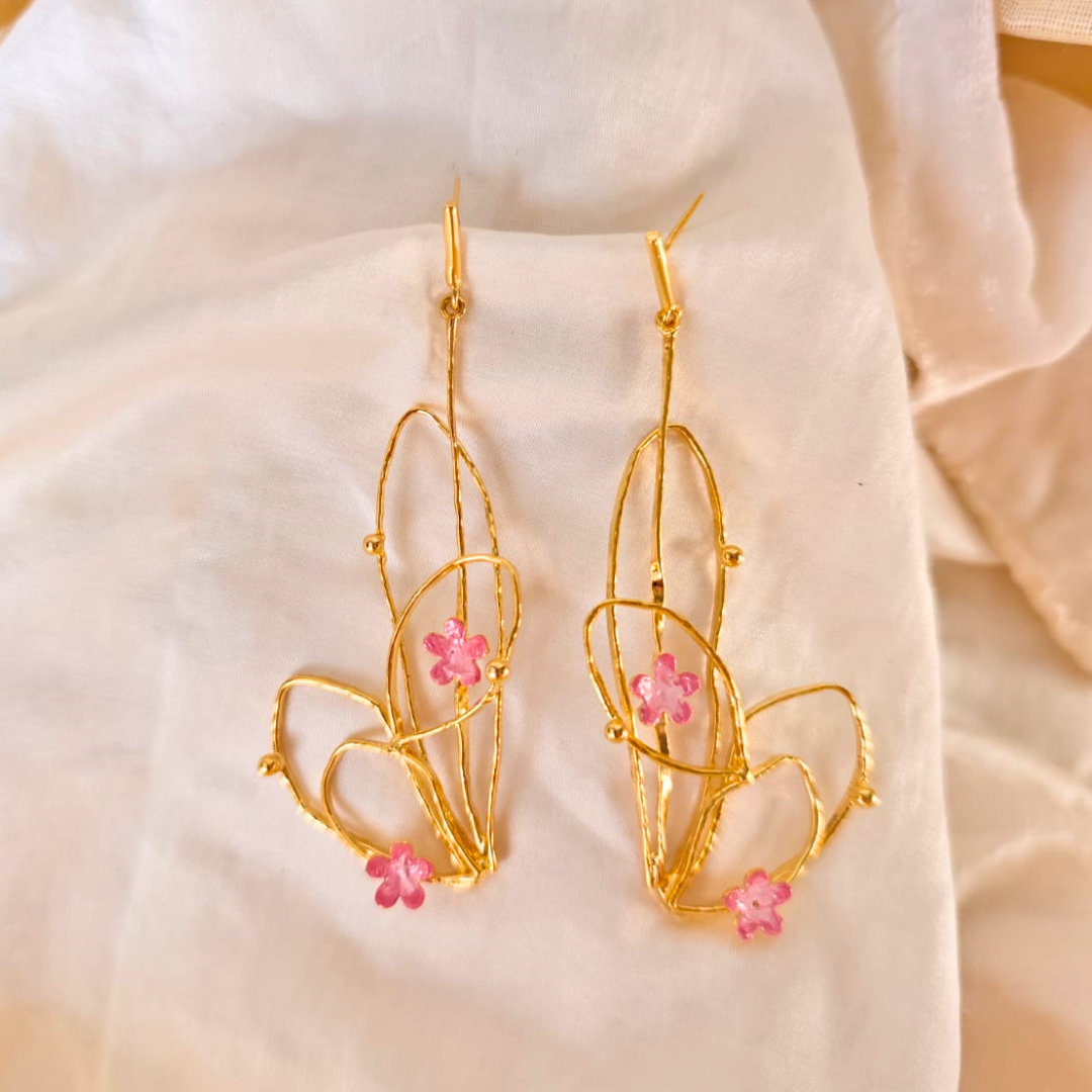 Brass layered petal pink dangler earrings with pink enamel and 18K rhodium gold plating