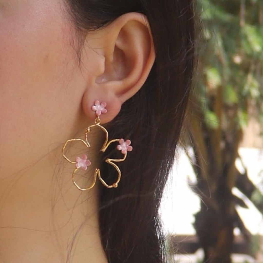 Brass pink flower bloom small earrings with pink enamel and 18K rhodium gold plating
