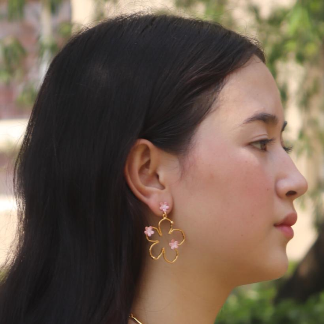 Brass pink flower bloom small earrings with pink enamel and 18K rhodium gold plating