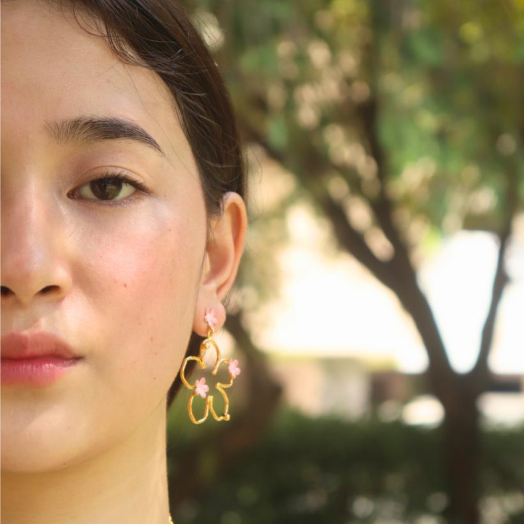 Brass pink flower bloom small earrings with pink enamel and 18K rhodium gold plating