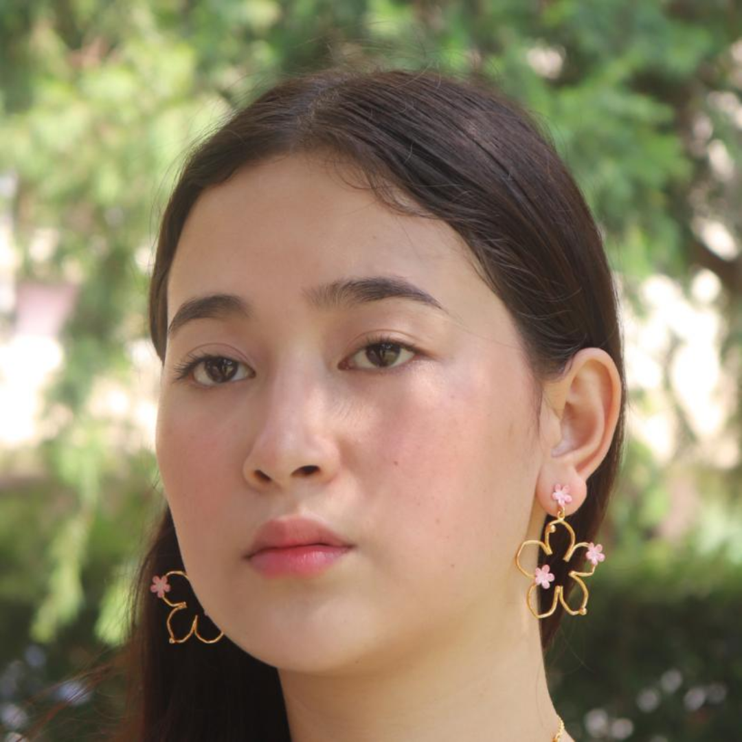 Brass pink flower bloom small earrings with pink enamel and 18K rhodium gold plating