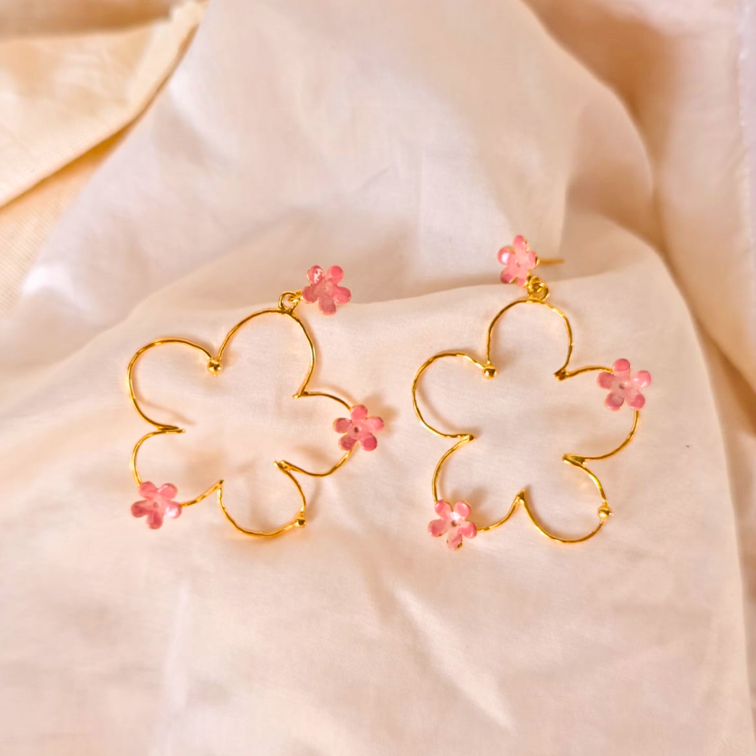Brass pink flower bloom small earrings with pink enamel and 18K rhodium gold plating