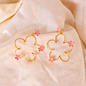 Brass pink flower bloom small earrings with pink enamel and 18K rhodium gold plating