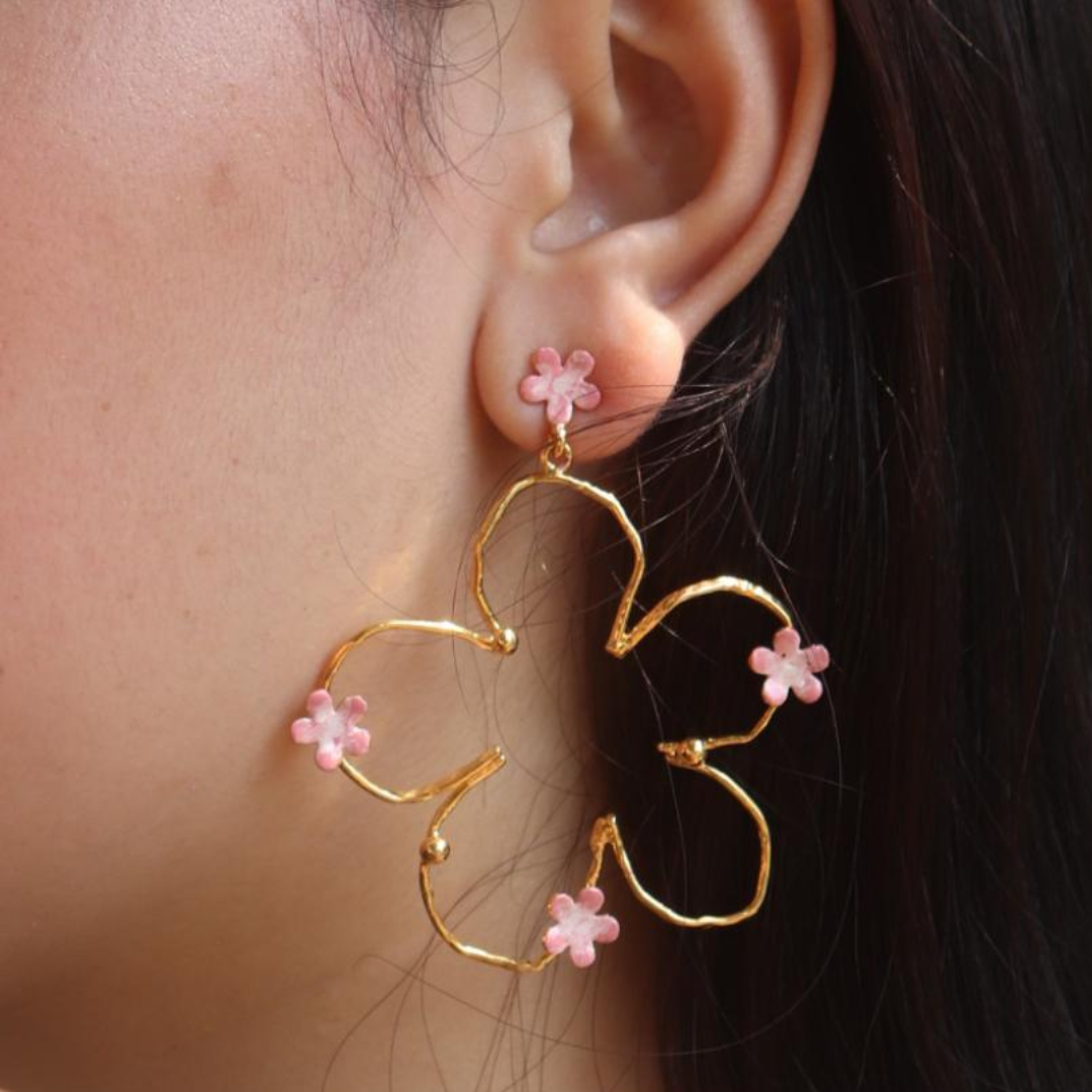 Brass pink flower bloom big earrings with pink enamel and 18K rhodium gold plating