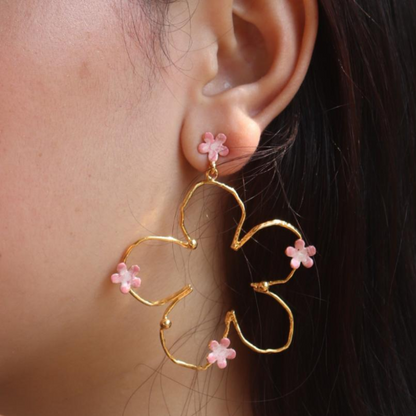 Brass pink flower bloom big earrings with pink enamel and 18K rhodium gold plating