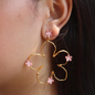 Brass pink flower bloom big earrings with pink enamel and 18K rhodium gold plating