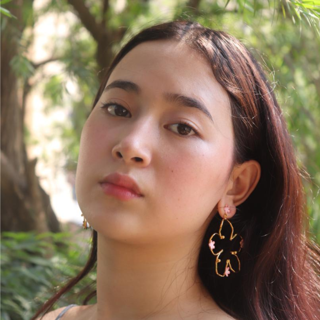 Brass pink flower bloom big earrings with pink enamel and 18K rhodium gold plating