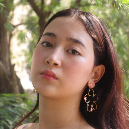 Brass pink flower bloom big earrings with pink enamel and 18K rhodium gold plating