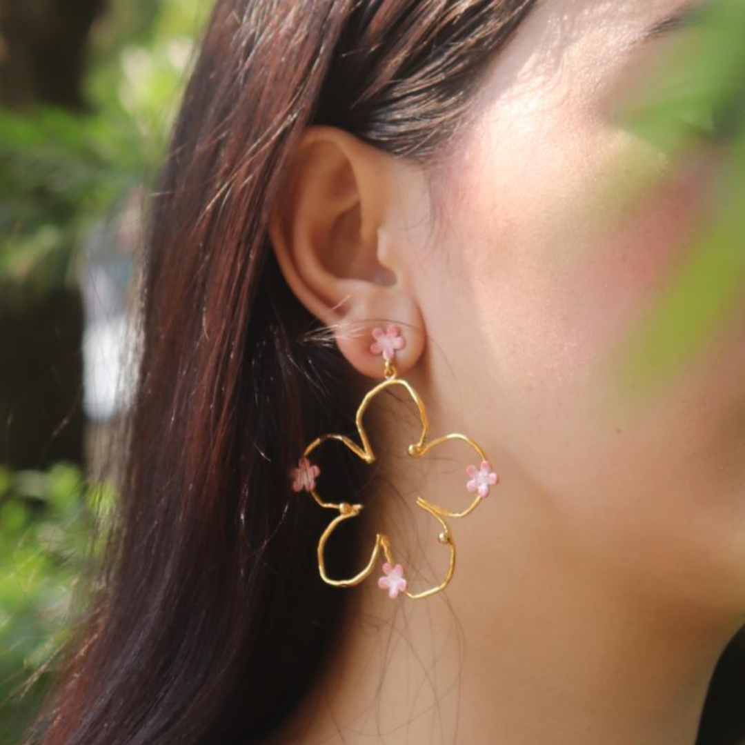 Brass pink flower bloom big earrings with pink enamel and 18K rhodium gold plating