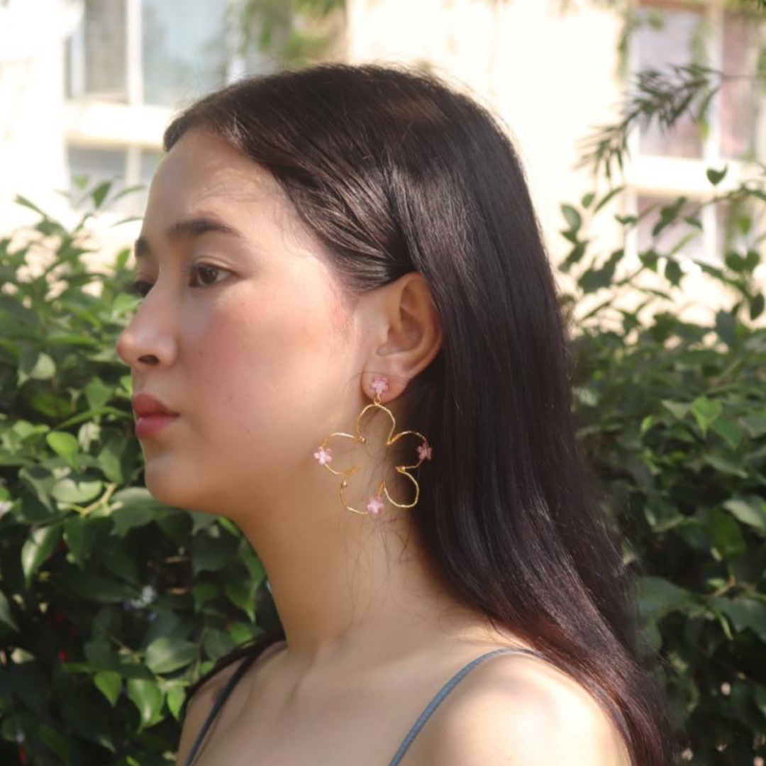 Brass pink flower bloom big earrings with pink enamel and 18K rhodium gold plating