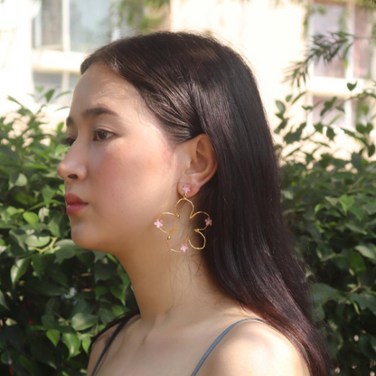 Brass pink flower bloom big earrings with pink enamel and 18K rhodium gold plating