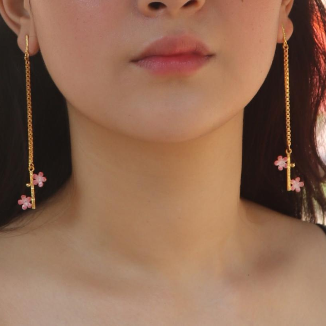 Brass pink flower chain dangler earrings with pink enamel and 18K rhodium gold plating