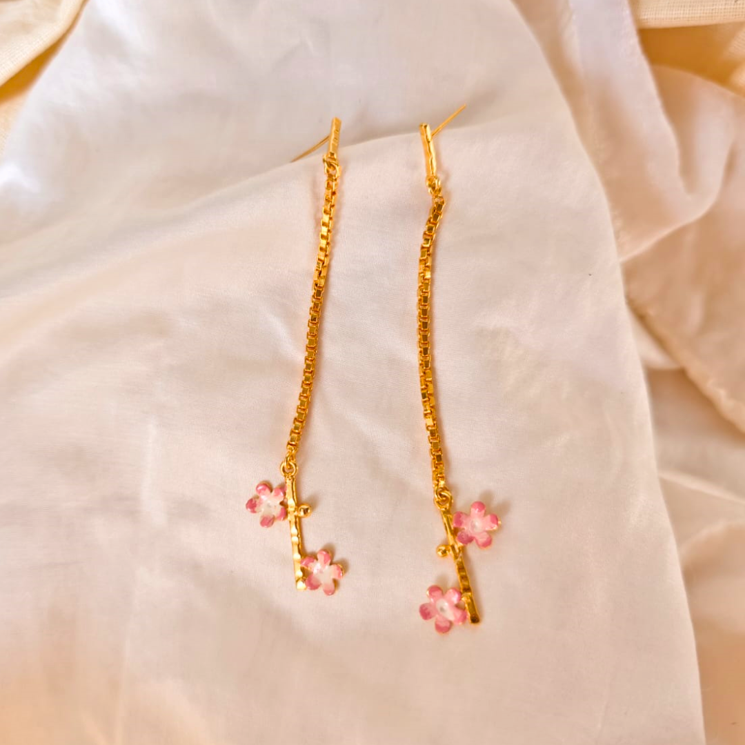 Brass pink flower chain dangler earrings with pink enamel and 18K rhodium gold plating