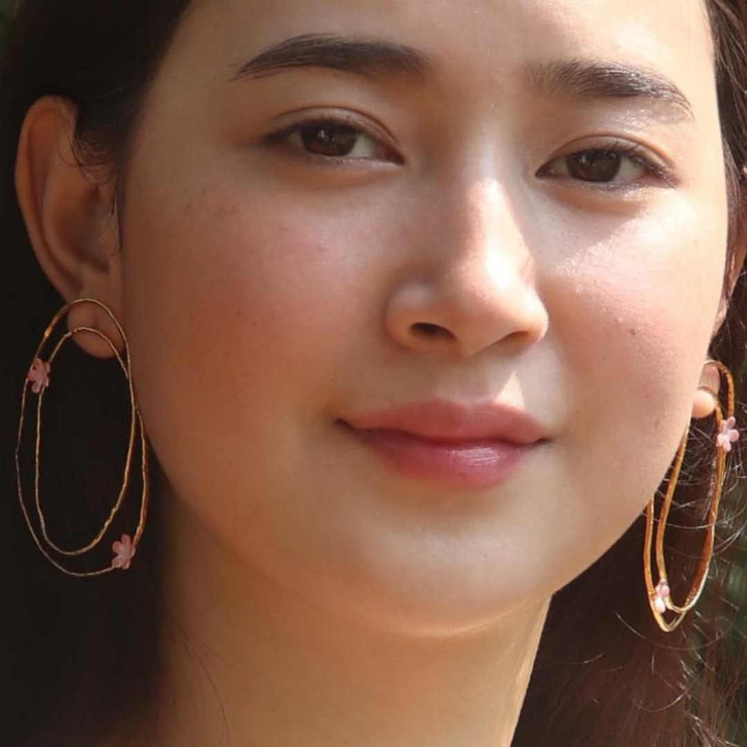Brass oval shape pink flower earrings with pink enamel and 18K rhodium gold plating