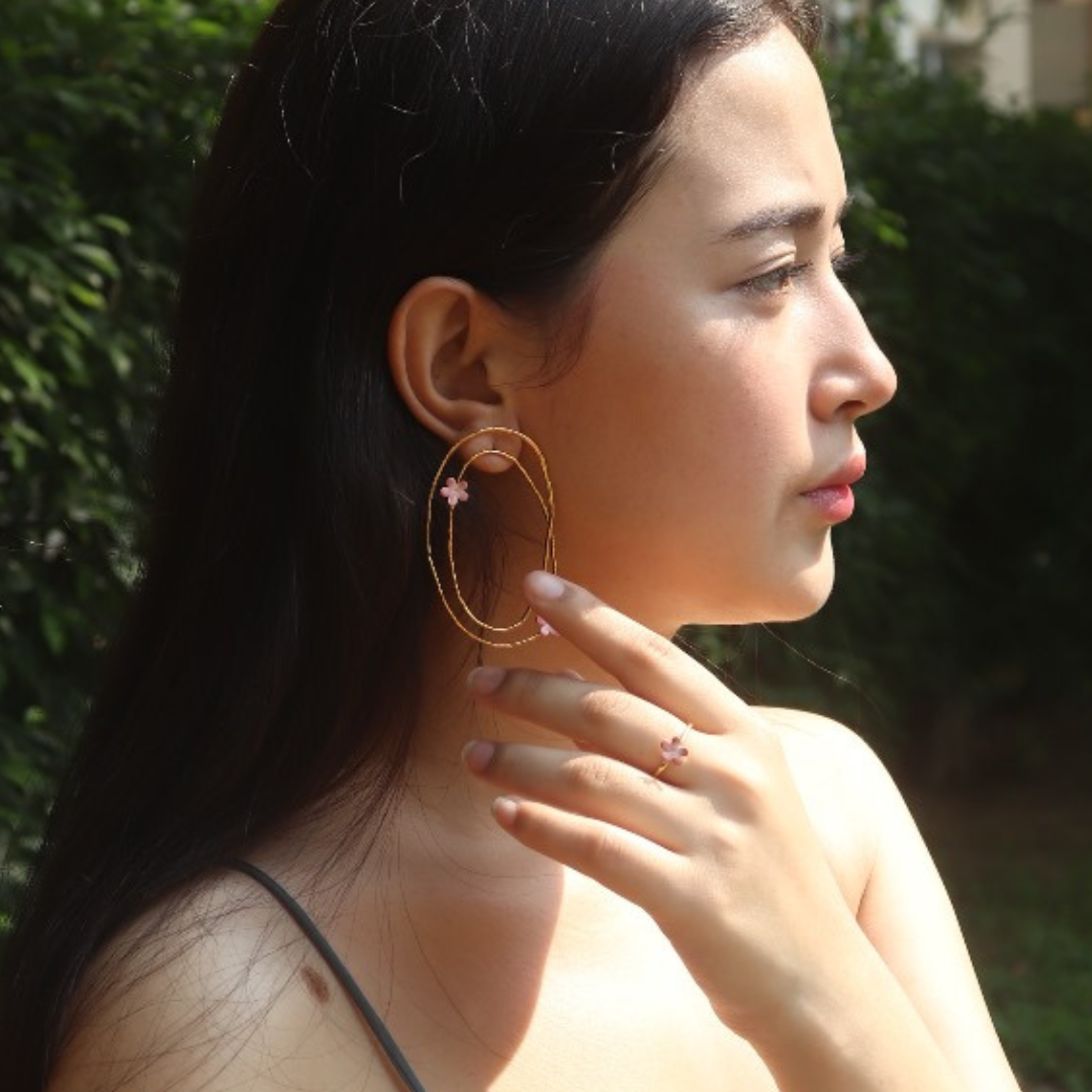 Brass oval shape pink flower earrings with pink enamel and 18K rhodium gold plating