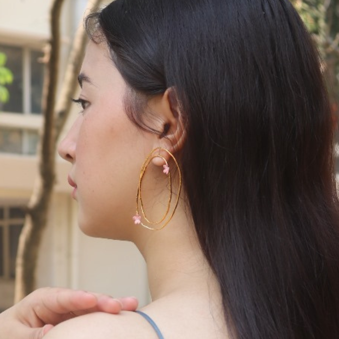 Brass oval shape pink flower earrings with pink enamel and 18K rhodium gold plating