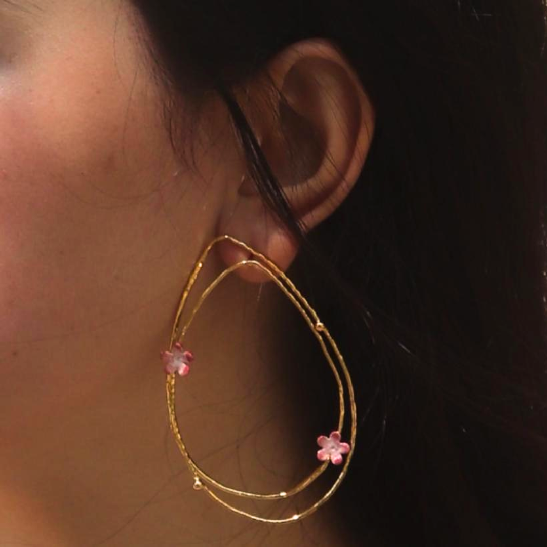 Brass drop shape pink flower earrings with pink enamel and 18K rhodium gold plating