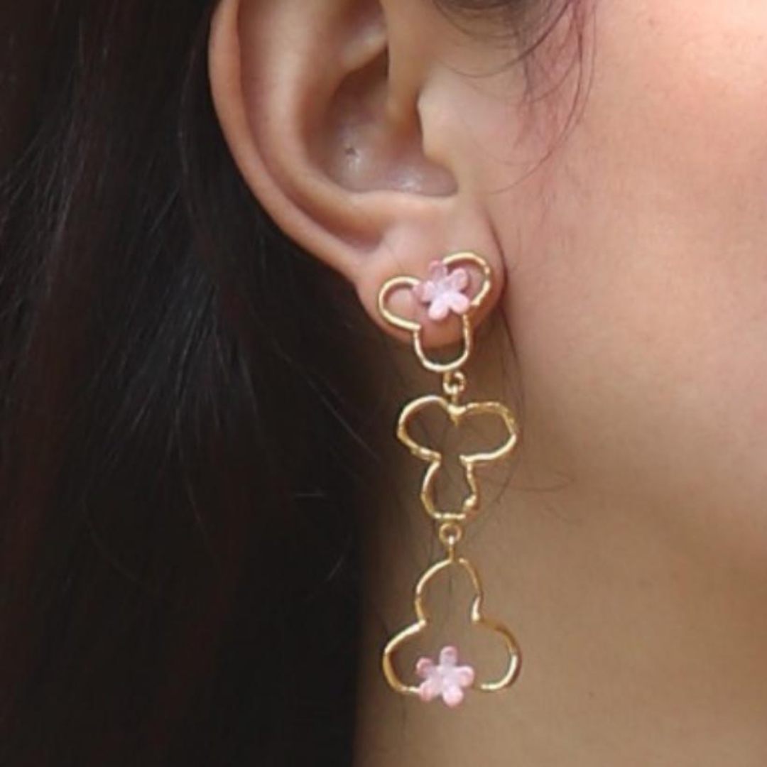 Brass Pink Blossom Trio earrings with pink enamel flowers and 18K rhodium gold plating

