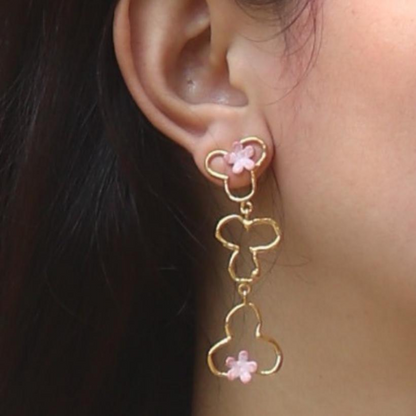 Brass Pink Blossom Trio earrings with pink enamel flowers and 18K rhodium gold plating


