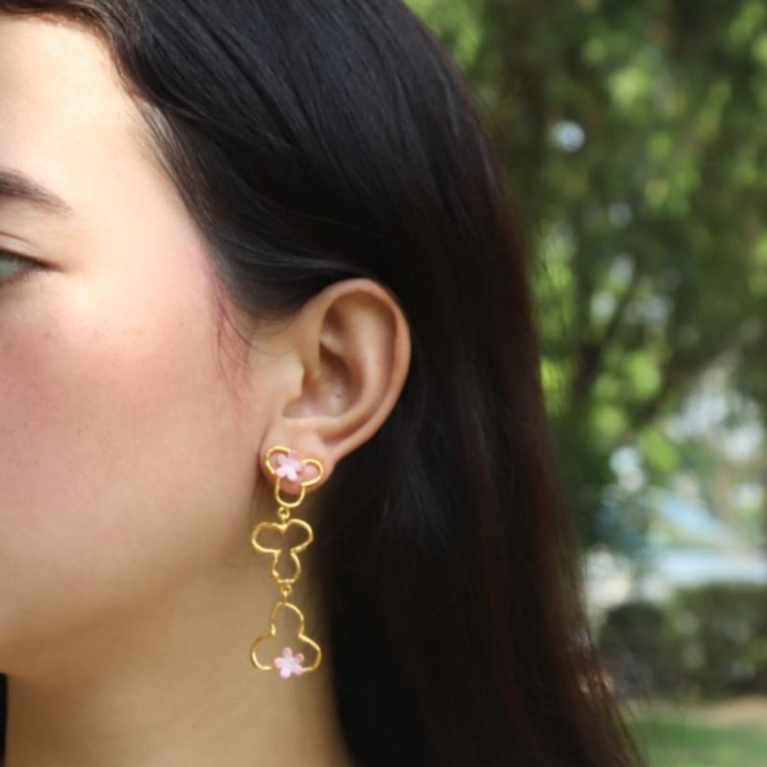 Brass Pink Blossom Trio earrings with pink enamel flowers and 18K rhodium gold plating
