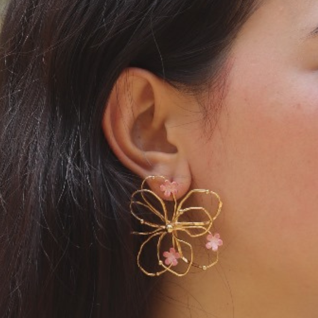 Brass layered pink floral earrings with pink enamel and 18K rhodium gold plating
