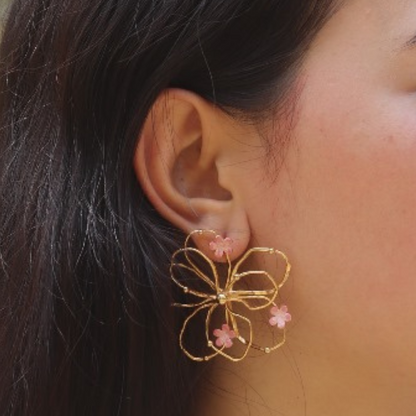 Brass layered pink floral earrings with pink enamel and 18K rhodium gold plating