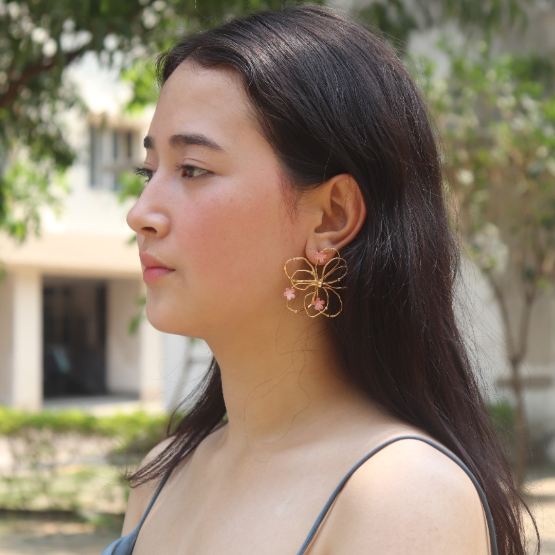 Brass layered pink floral earrings with pink enamel and 18K rhodium gold plating