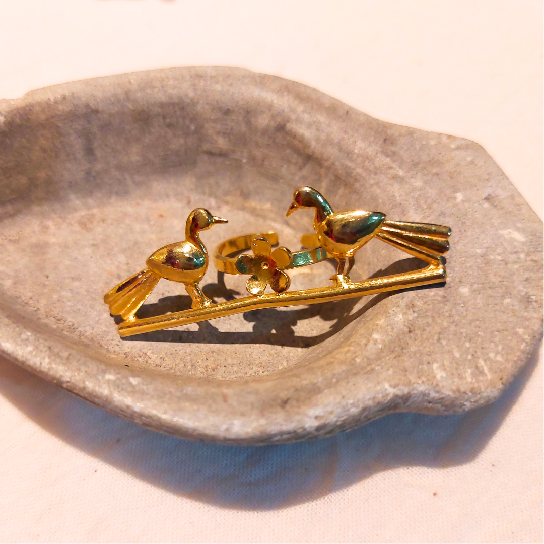 Love Birds ring with sculpted birds and floral design, crafted from brass with 18K rhodium gold